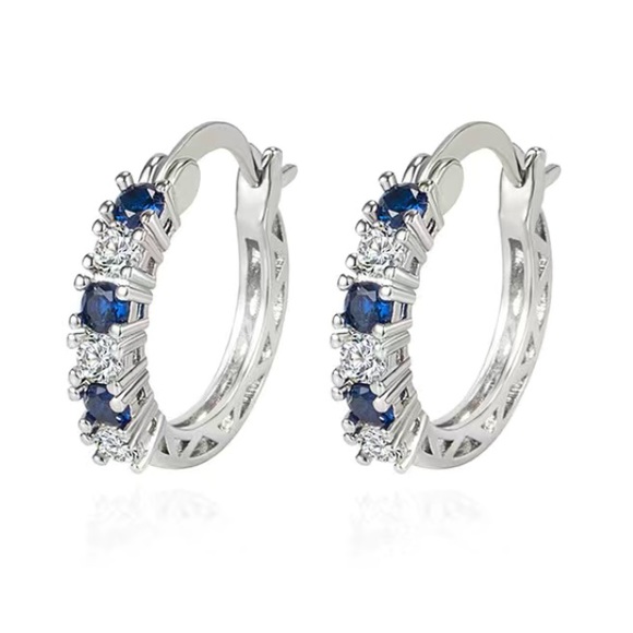 Sapphire & Diamond Silver Toned Hoop Earrings - Picture 4 of 4